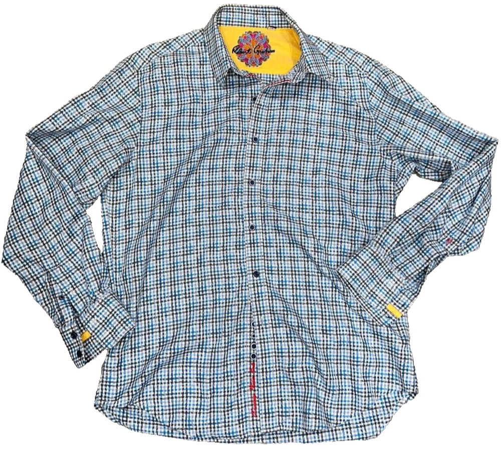 Robert Graham Button Down Shirt cotton Tailored Fit Men Plaid Blue L A005065